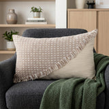14" X 24" Beige Cotton Throw Pillow With Fringe