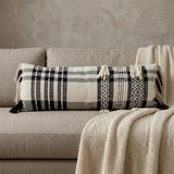 12" X 35" Black and White Plaid Cotton Lumbar Throw Pillow With Fringe