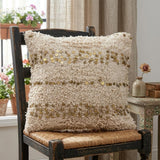 18" Beige And Gold Shaggy Cotton And Sequin Striped Throw Pillow