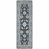 8' Blue And Gold Wool Hand Tufted Runner Rug