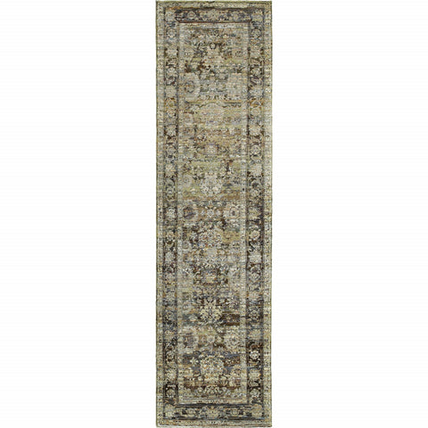 2' X 8' Green And Brown Floral Runner Rug