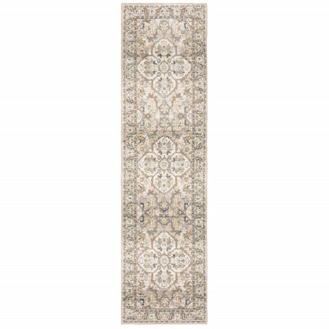2' X 8' Beige And Ivory Medallion Runner Rug