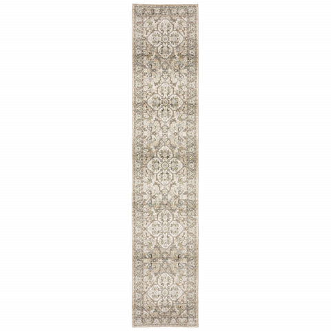 3' X 12' Beige And Ivory Medallion Runner Rug