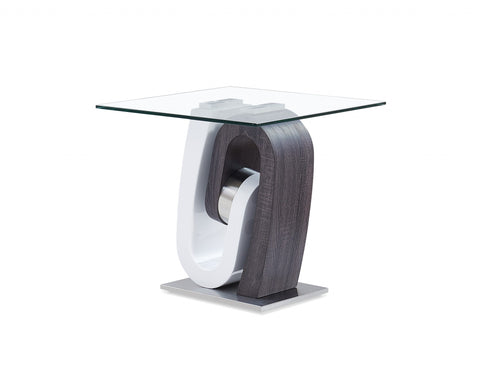 23" White Gray And Clear Glass and Wood Square Pedestal End Table