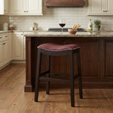 26" Dark Red And Espresso Faux Leather And Solid Wood Backless Counter Height Bar Chair