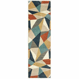 8' Blue Green And Beige Abstract Geometric Runner Rug