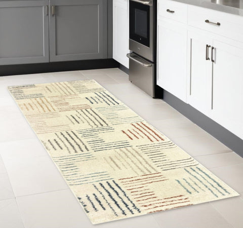 8' Ivory And Blue Runner Rug