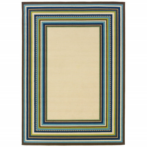 7' X 10' Ivory And Blue Striped Indoor Outdoor Area Rug