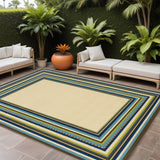 7' X 10' Ivory And Blue Striped Indoor Outdoor Area Rug