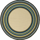 8' Ivory And Blue Round Striped Indoor Outdoor Area Rug