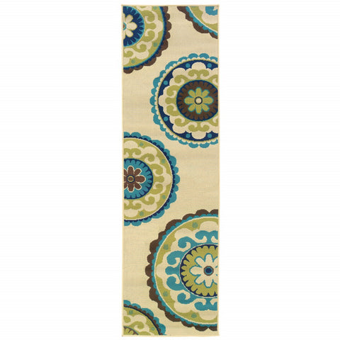 8' Green And Ivory Floral Indoor Outdoor Area Rug