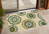2' X 4' Green And Ivory Floral Indoor Outdoor Area Rug