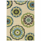 7' X 10' Ivory Indigo And Lime Green Floral Medallion Indoor Outdoor Area Rug