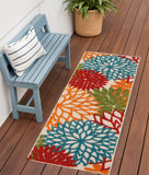 6' Runner Ivory Blue and Orange Floral Indoor Outdoor Area Rug