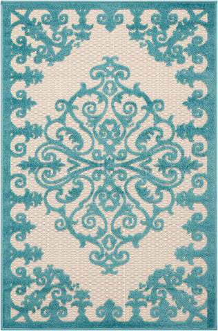 3' X 4' Aqua Damask Indoor Outdoor Area Rug
