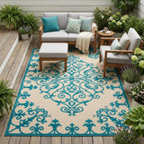 4' X 6' Aqua Damask Indoor Outdoor Area Rug