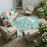 8' X 11' Aqua Damask Indoor Outdoor Area Rug