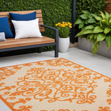 4' X 6' Orange And Ivory Damask Indoor Outdoor Area Rug