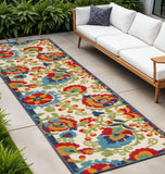 12' Green And Ivory Floral Indoor Outdoor Runner Rug