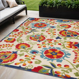 5' X 8' Green And Ivory Floral Indoor Outdoor Area Rug
