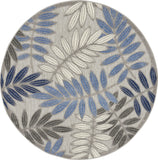 5' Blue And Gray Round Floral Indoor Outdoor Area Rug