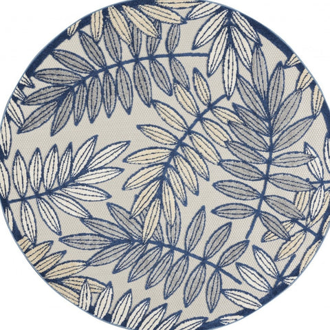 4' Ivory And Blue Round Floral Indoor Outdoor Area Rug