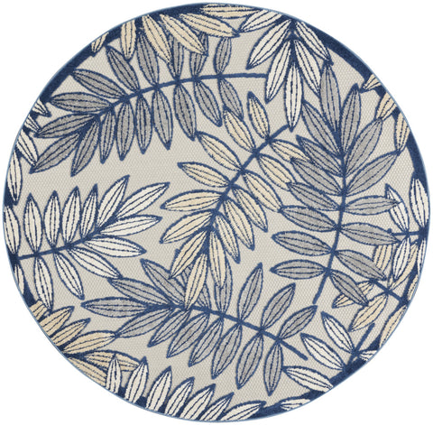 5' Ivory And Blue Round Floral Indoor Outdoor Area Rug