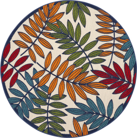 5' Ivory And Blue Round Floral Indoor Outdoor Area Rug