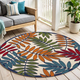5' Ivory And Blue Round Floral Indoor Outdoor Area Rug