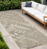 10' Beige Gray And Ivory Botanical Leaves Indoor Outdoor Runner Rug