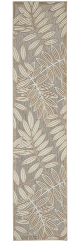 10' Beige Gray And Ivory Botanical Leaves Indoor Outdoor Runner Rug