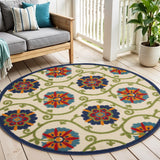 4' Ivory And Blue Round Indoor Outdoor Area Rug