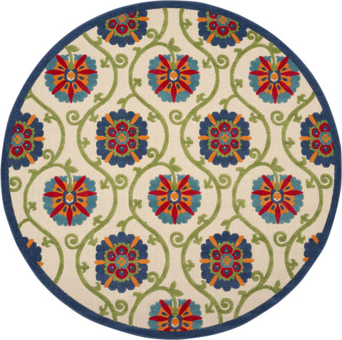 8' Ivory And Blue Round Indoor Outdoor Area Rug