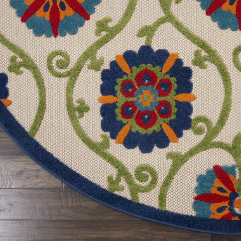 8' Ivory And Blue Round Indoor Outdoor Area Rug