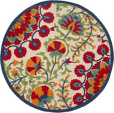 4' Red And Ivory Round Floral Indoor Outdoor Area Rug