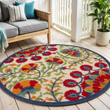 4' Red And Ivory Round Floral Indoor Outdoor Area Rug