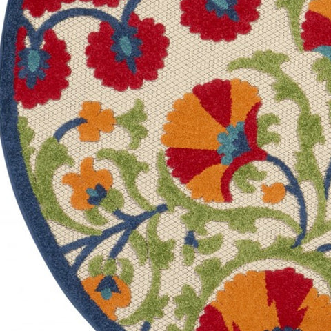 4' Red And Ivory Round Floral Indoor Outdoor Area Rug