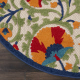 5' Red And Ivory Round Floral Indoor Outdoor Area Rug