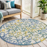 5' Ivory And Blue Round Indoor Outdoor Area Rug
