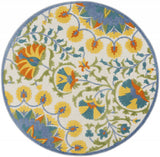 4' Ivory And Blue Round Floral Indoor Outdoor Area Rug