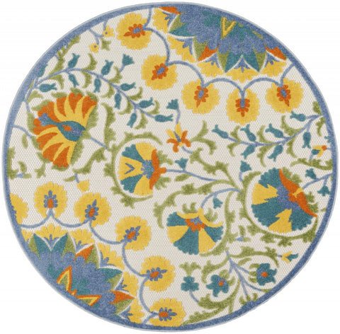4' Ivory And Blue Round Floral Indoor Outdoor Area Rug
