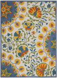 7' X 10' Ivory And Blue Floral Indoor Outdoor Area Rug