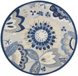 4' Blue Gray And Ivory Round Floral Indoor Outdoor Area Rug