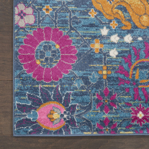 6' Blue And Orange Floral Distressed Runner Rug