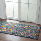 6' Blue And Orange Floral Distressed Runner Rug