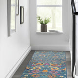 10' Blue And Orange Floral Distressed Runner Rug