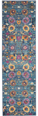 8' Blue And Orange Floral Distressed Runner Rug