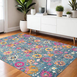 4' X 6' Blue And Orange Floral Distressed Area Rug