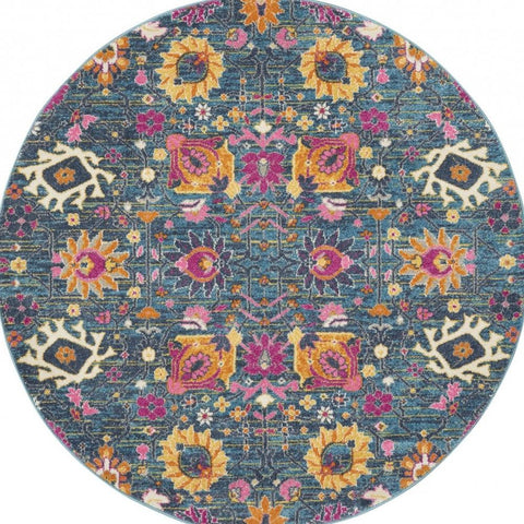 4' Blue And Orange Floral Distressed Round Rug