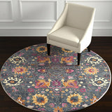 4' Blue And Orange Floral Distressed Round Rug